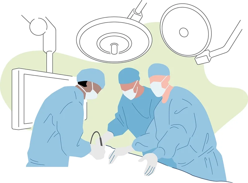 An illustrated graphic showing three surgeons performing surgery on a patient in an operating room