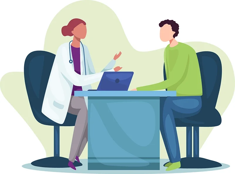 A graphic showing a physician meeting with a patient at a desk