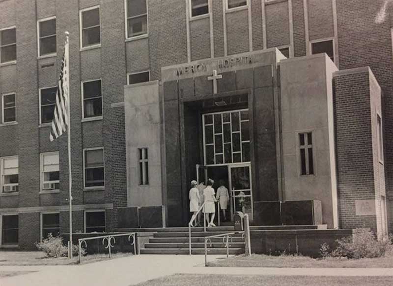 Mercy Hospital exterior in 1969